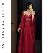 红色氛围感吊带睡衣女冬季 蕾丝镂空迷人睡裙性感纯欲约会长裙套装