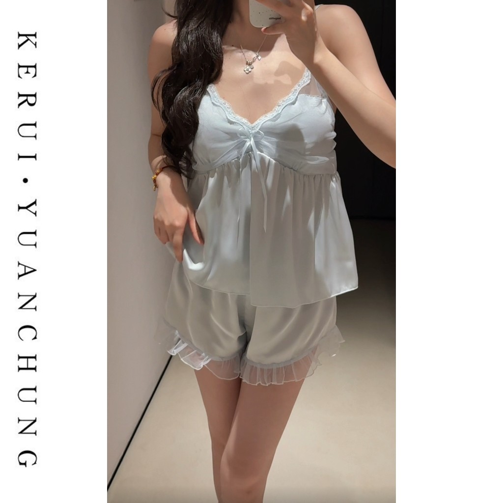 纯欲蕾丝吊带睡衣套装女薄款缎面宽松显瘦V领花边短裤秋季家居服