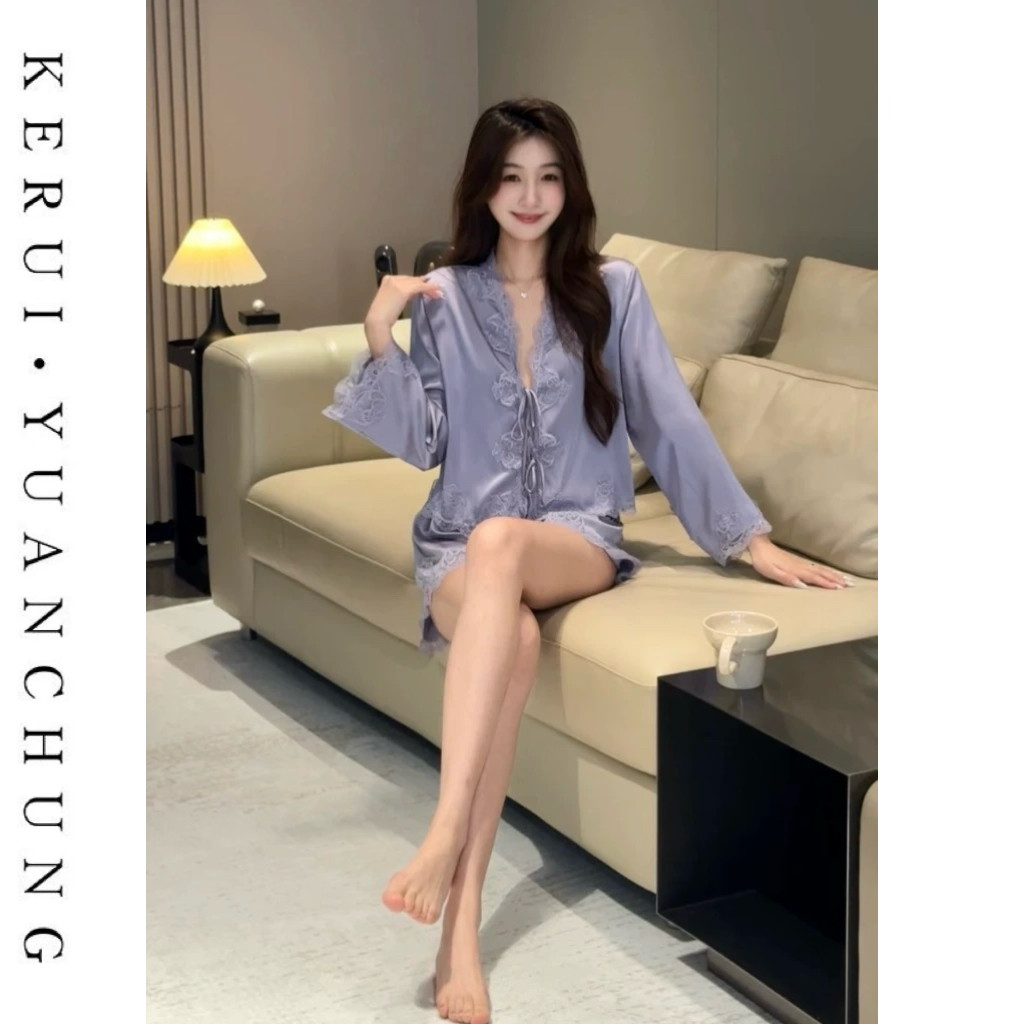 法式睡衣女款秋季冰丝V领绑带高级感蕾丝边短裤显瘦家居服可外穿