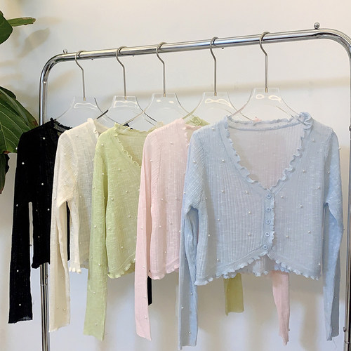 针织开衫V钉珠套头坑条