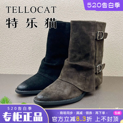 正品TELLOCAT特乐猫女靴2025秋款牛皮中跟尖头短靴时尚性感