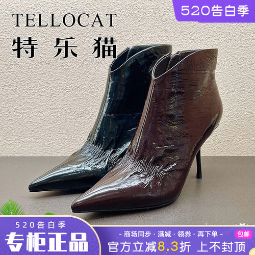 正品TELLOCAT特乐猫女靴2025秋新款牛皮中跟尖头短靴时尚性感