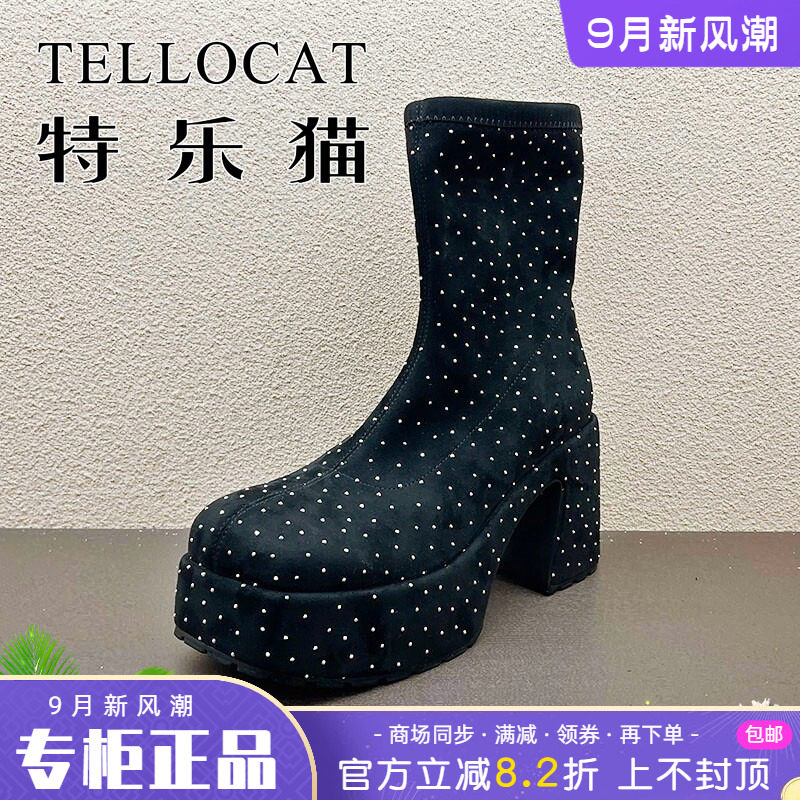 正品TELLOCAT特乐猫女靴2025秋新款高跟水台底水钻短靴时尚性感