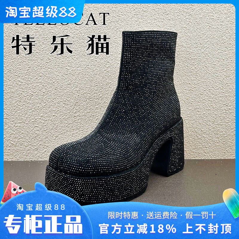 正品TELLOCAT特乐猫女靴2025秋新款高跟水台底水钻短靴时尚性感