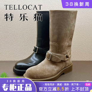 正品TELLOCAT特乐猫女靴热销冬款圆头粗跟牛皮中筒靴时尚舒适个性