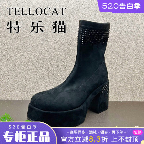 正品TELLOCAT特乐猫女靴2025秋新款高跟水台底水钻短靴时尚性感