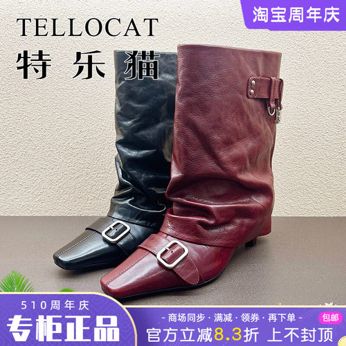 正品TELLOCAT特乐猫女靴2025冬款高跟粗跟圆头中靴时尚性感