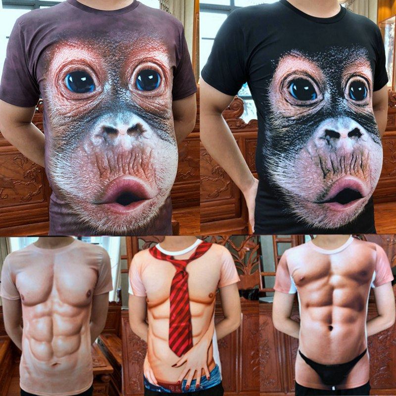 创意假腹肌肉短袖T恤男个性大猩猩衣服3D立体猴子图案搞怪体上衣