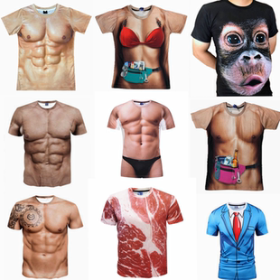 假肌肉腹肌搞笑整蛊短T恤年会服装男cosplay假腹胸肌表演道具衣服