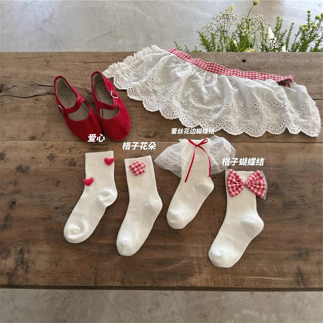 春季新款儿童袜子宝宝红色格子精梳棉短袜公主风潮袜批发