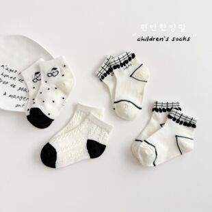 春夏季儿童袜子韩版网眼薄款棉袜黑白色格子樱桃女童短袜