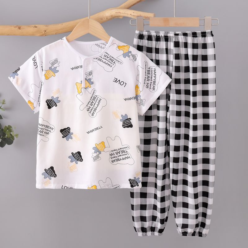 透气儿童家居服套装空调服棉绸