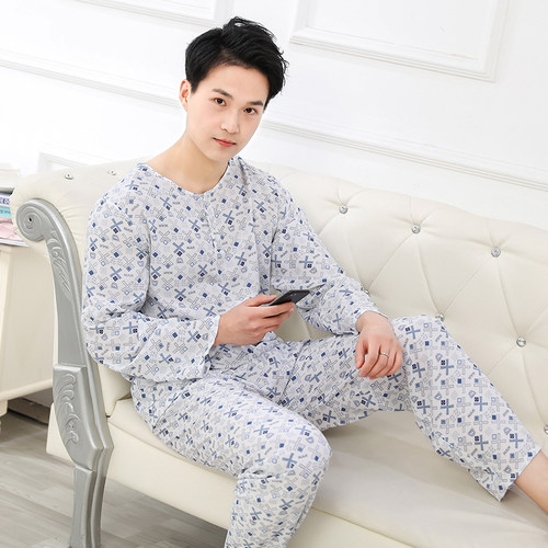 夏季男士睡衣绵绸长袖中年人造棉