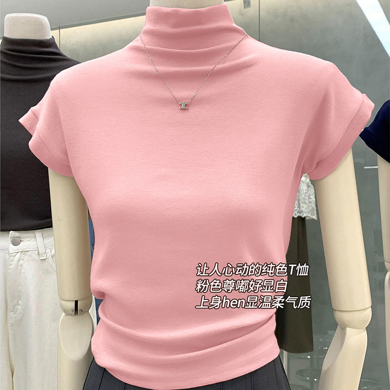 莫代尔正肩半高领短袖t恤女秋季新款短款修身显瘦小飞袖针织上衣