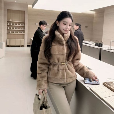 设计质感气质显瘦草草外套女皮毛一体立领环保仿水貂毛25冬季新款