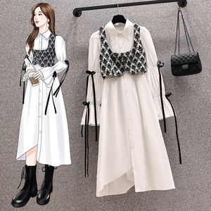 RM3059#新款法式显瘦蝴蝶结衬衣连衣裙白色提花马甲套装