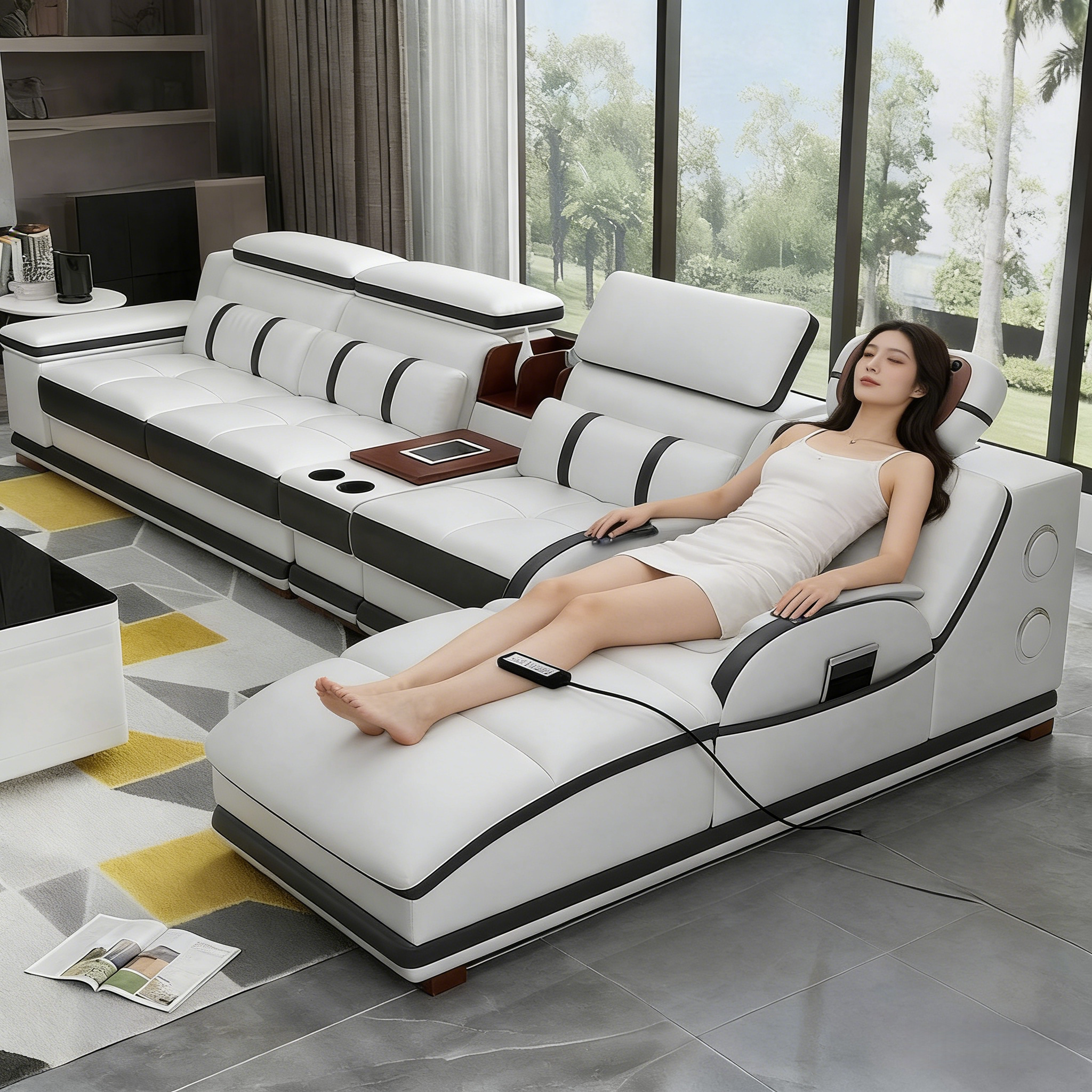 现代简约按摩真皮沙发组合客厅大小户型多功能设计师沙发