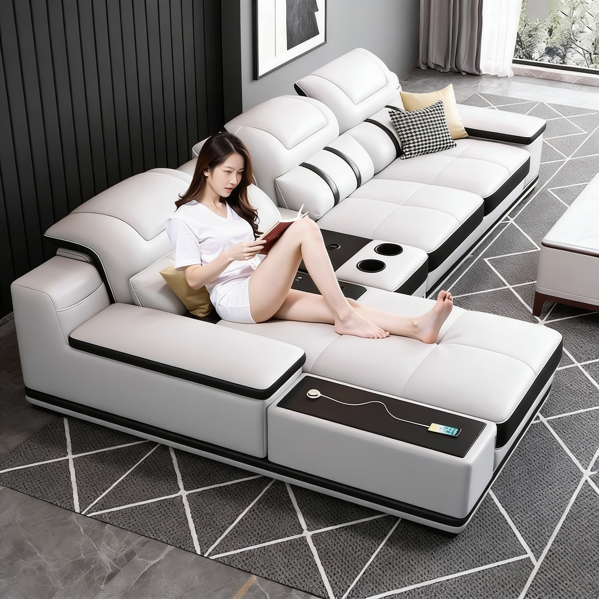 新款现代简约真皮沙发北欧风客厅大小户型可调节靠背多功能沙发