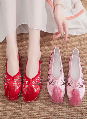 中式复古千层底布底鞋流苏秀禾鞋绣花鞋布鞋手工鞋古装鞋红色女鞋