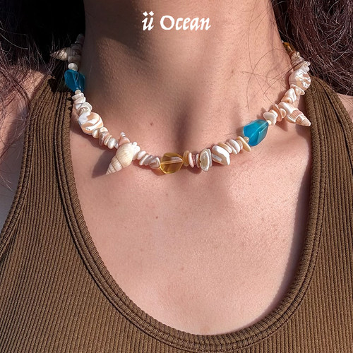 【ü Ocean】尼斯Nice串珠吊坠锁骨链项链叠戴天然贝母玻璃度假风