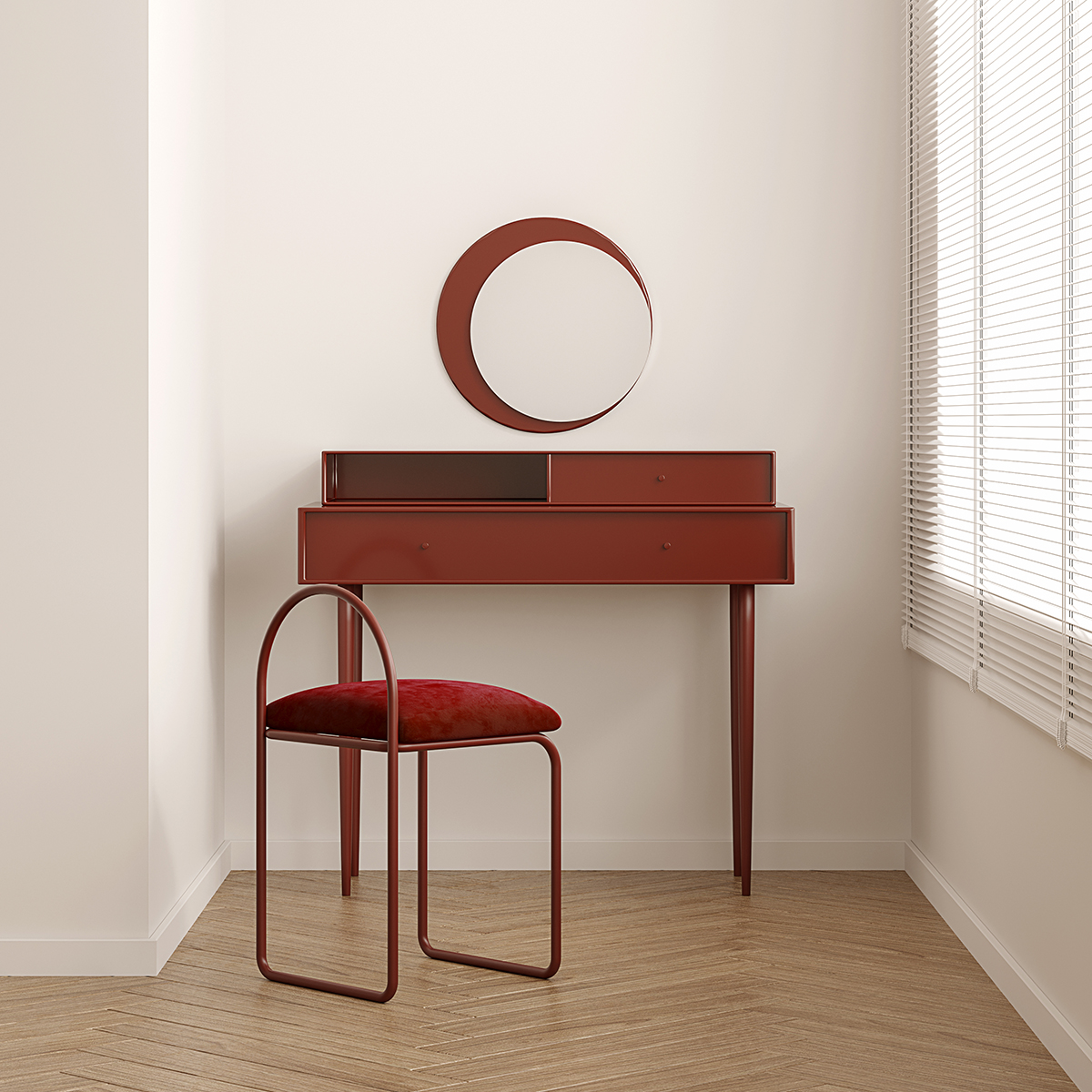 谷及红色卧室实木轻奢风化妆桌