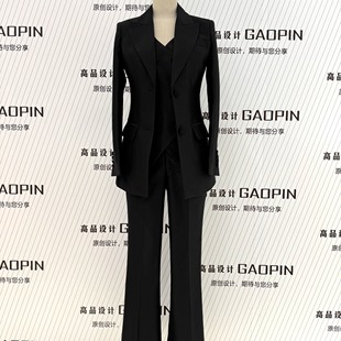 女士高端黑色西服马夹长裤 商务职业装 三件套西装 女修身 套装 春秋款