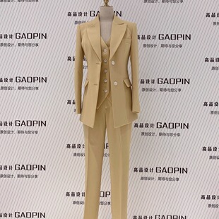 2026春款高端黄色西装套装女马甲三件套单排扣修身职业通勤西服