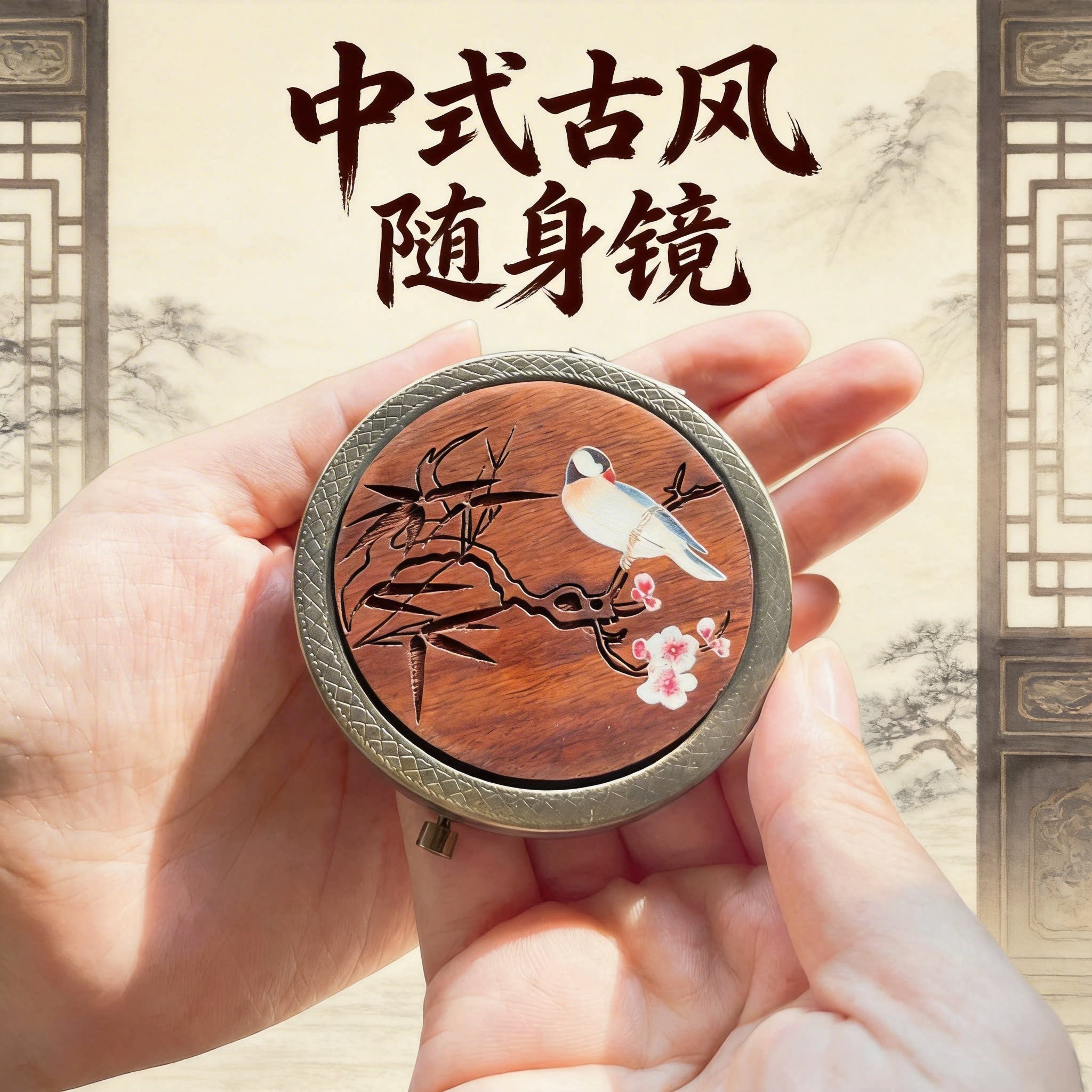 中式古风小镜子木质随身镜