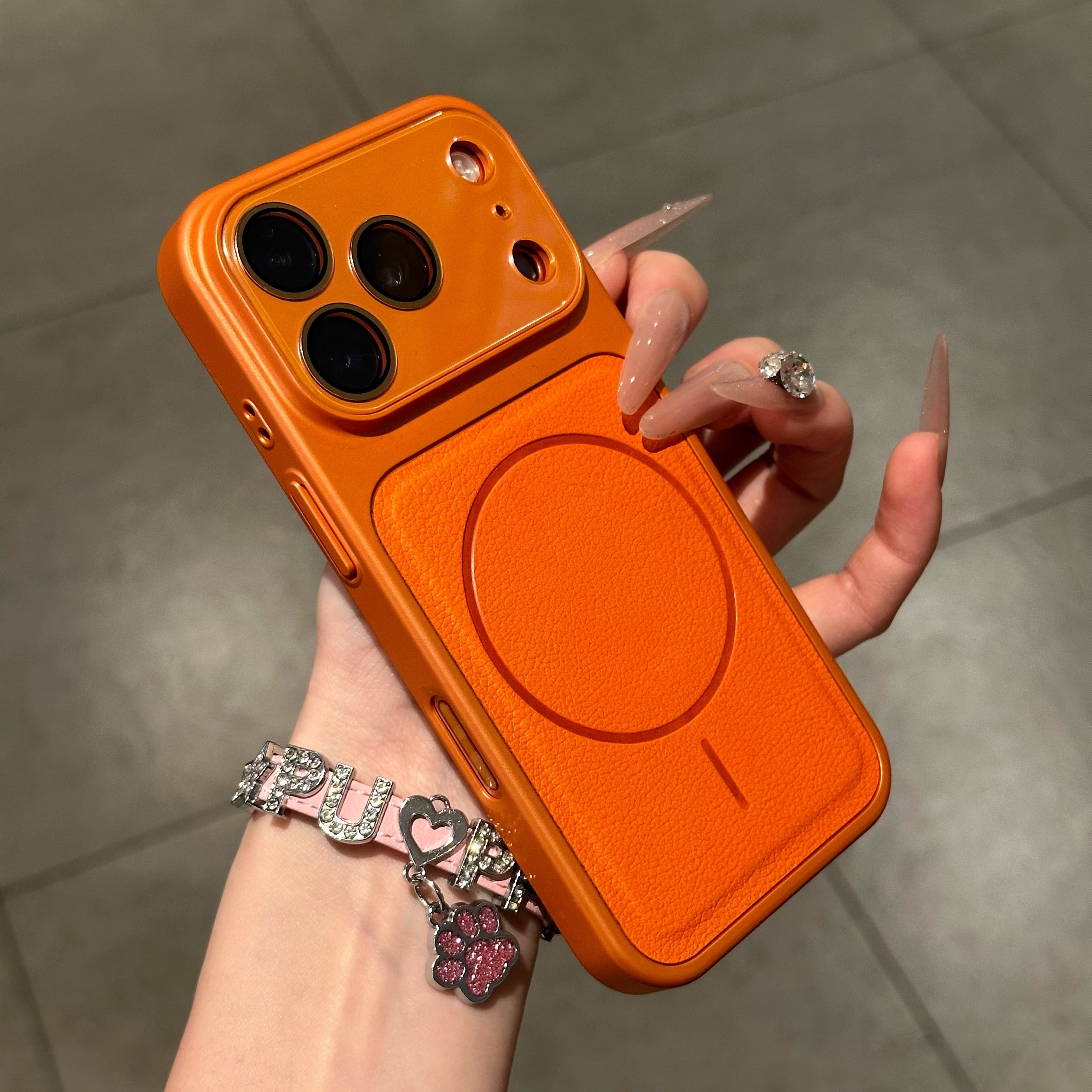 橙色皮纹磁吸适用秒变苹果17promax手机壳iPhone16pro新款简约15ProMax防摔女14自带镜头保护13时尚高级感壳