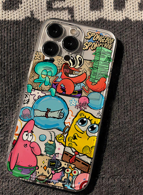 涂鸦风海绵宝宝适用苹果16promax手机壳iphone17新款mate60透明13红米note14小米15华为p70软壳vivoppo荣耀90