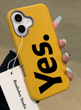 yes英文皮纹金属框适用苹果16promax手机壳iphone14pro新款13高级感12个性11保护套15promax全包防摔简约软壳