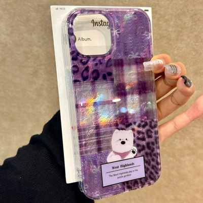 紫色豹纹格纹拼接小狗手机壳防摔