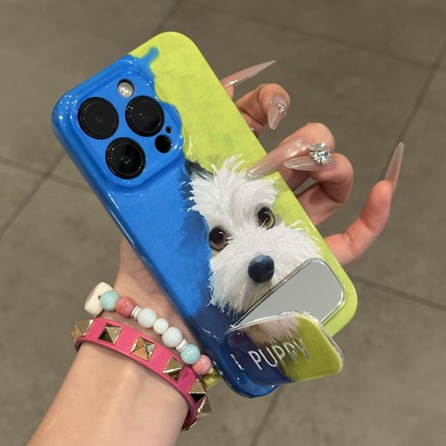 趣味拼色小狗菲林镜面支架手机壳