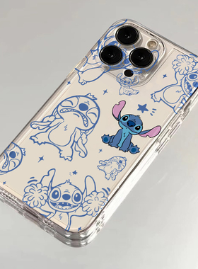 线条史迪仔适用苹果15手机壳12/16卡通vivox100透明红米note13防摔小米14保护套华为pura70荣耀100软OPPO硅胶