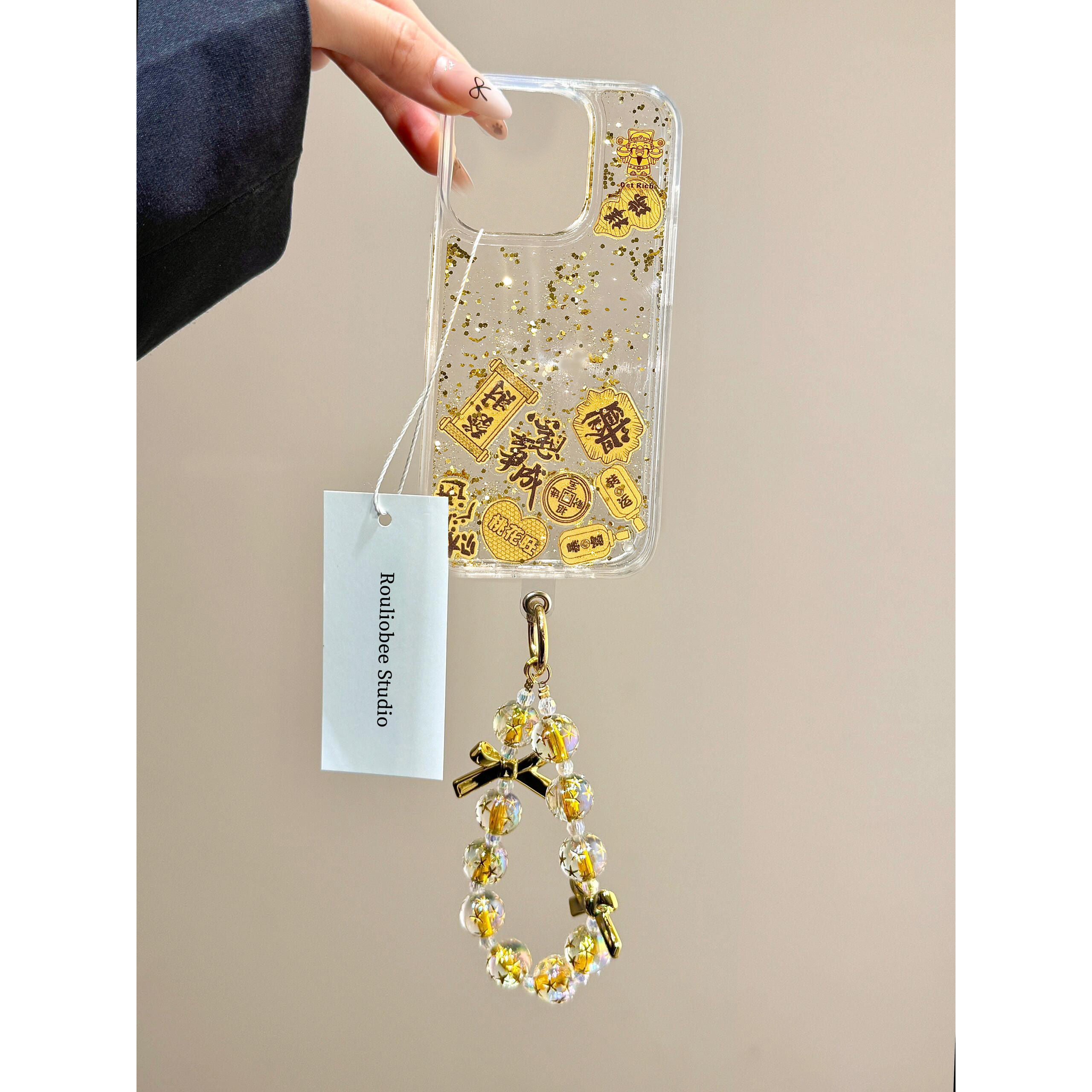 新中式创意流沙金箔财神爷适用苹果16promax手机壳iPhone15新款14pm链条13小众女16pro国潮15pro高级感12全包