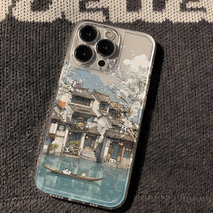 古风线条小狗适用苹果16promax手机壳iPhone15pro新款12华为mate70卡通p70小米14女vivooppo荣耀11红米note13