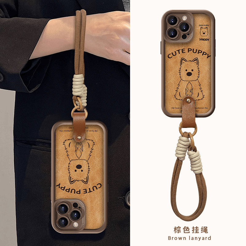 咖色西高地适用苹果15promax手机壳iphone16新款mate60全包12红米note13挂绳小米14华为pura70荣耀vivoppo女