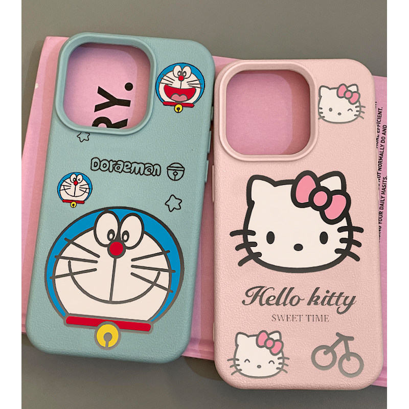 日韩卡通可爱叮当猫适用苹果15promax手机壳iPhone14新款荔枝纹13趣味12皮质软壳15Pro防摔14pro保护套女款男