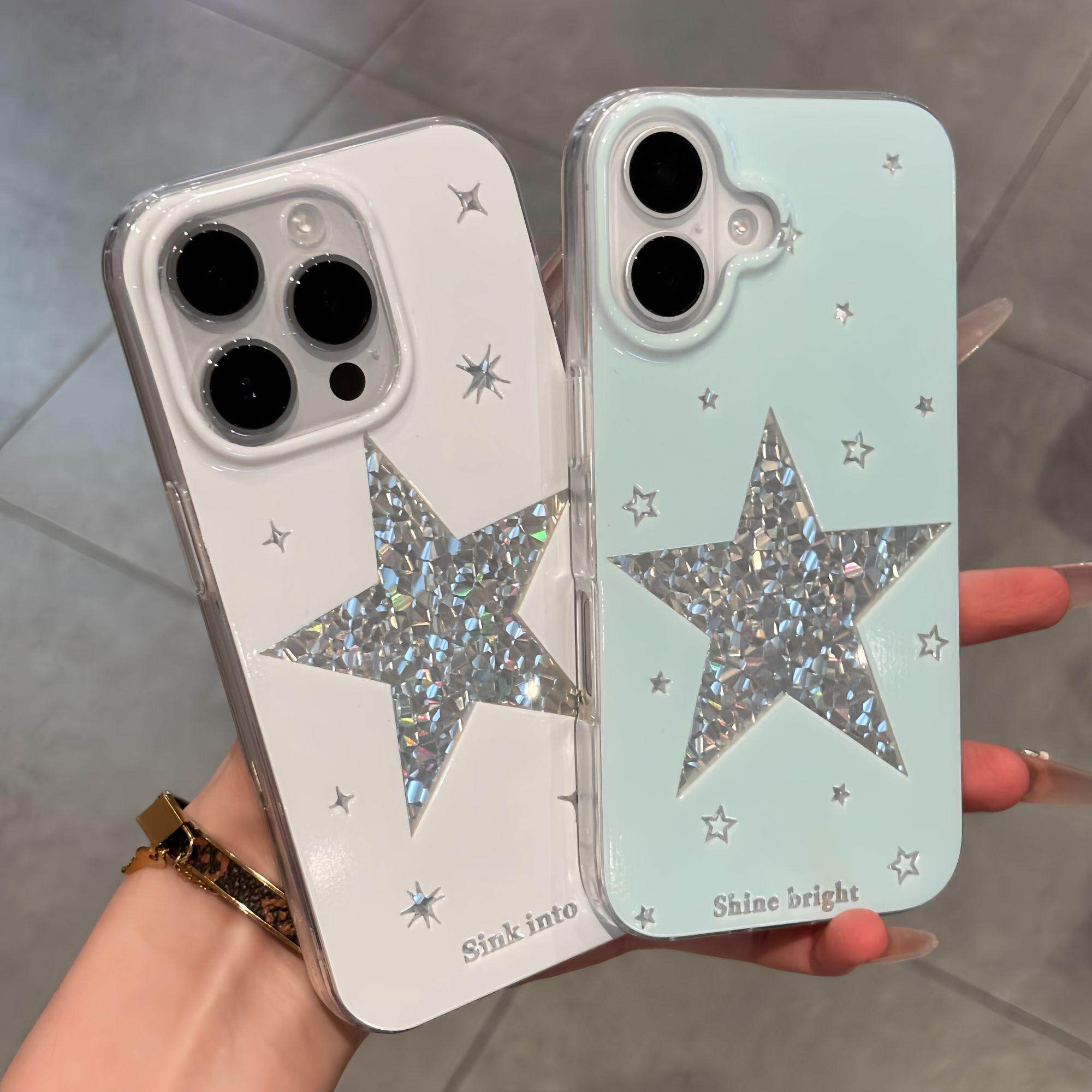 大孔钻石纹闪钻蓝星星适用苹果17ProMax手机壳iPhone16/18pro新款15卡通13高颜值14pro创意15pro防摔12全包11