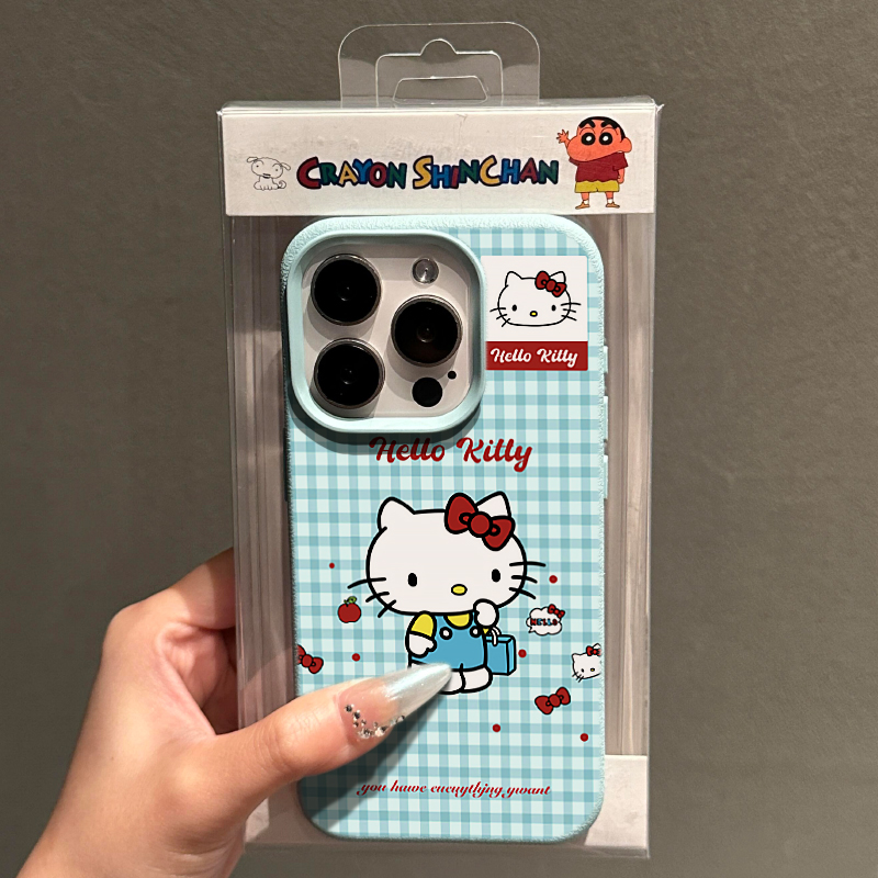 日韩卡通可爱凯蒂适用苹果15promax手机壳iPhone14新款荔枝纹13趣味标签小众12皮质15Pro防摔14pro保护套女款