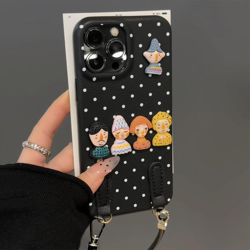 ins个性波点人偶贴件适用苹果16promax手机壳iphone14pro新款15promax日韩13小众皮绳12保护套11潮流皮纹软壳