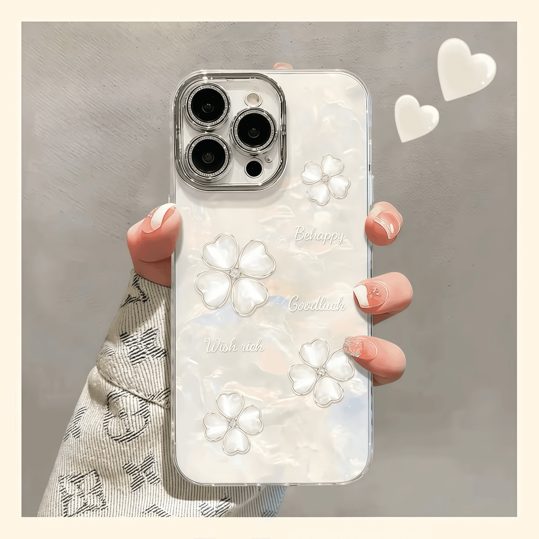 贝壳纹四叶草适用苹果17promax手机壳iPhone15pro新款13花朵12清新14plus自带镜头膜保护套16ProMax全包防摔