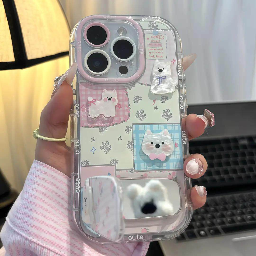 碎花小狗适用iPhone16pro手机壳13苹果15promax镜面支架12圆边11华为mate60新款p70vivoppo小米14红米k80荣耀