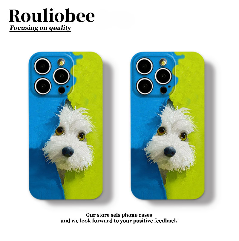 油画蓝绿毛绒狗适用iphone16promax手机壳苹果17菲林15pro华为mate70pro卡通vivo小米14全包oppo红米k80硬壳