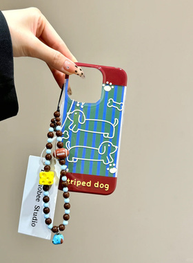 蓝条纹腊肠狗适用苹果15promax手机壳iphone16链条12华为mate60新款pura70/vivo小米14红米note13荣耀oppok70