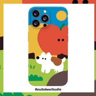 油画红苹果白狗适用iPhone16promax手机壳苹果17新款14华为p70创意13小米15全包oppo红米k80硬壳1荣耀200vivo