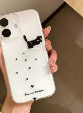 雪地小黑猫适用iphone16promax手机壳15苹果17透明13华为mate70pro创意vivo小米17pro防摔oppo红米k80荣耀90