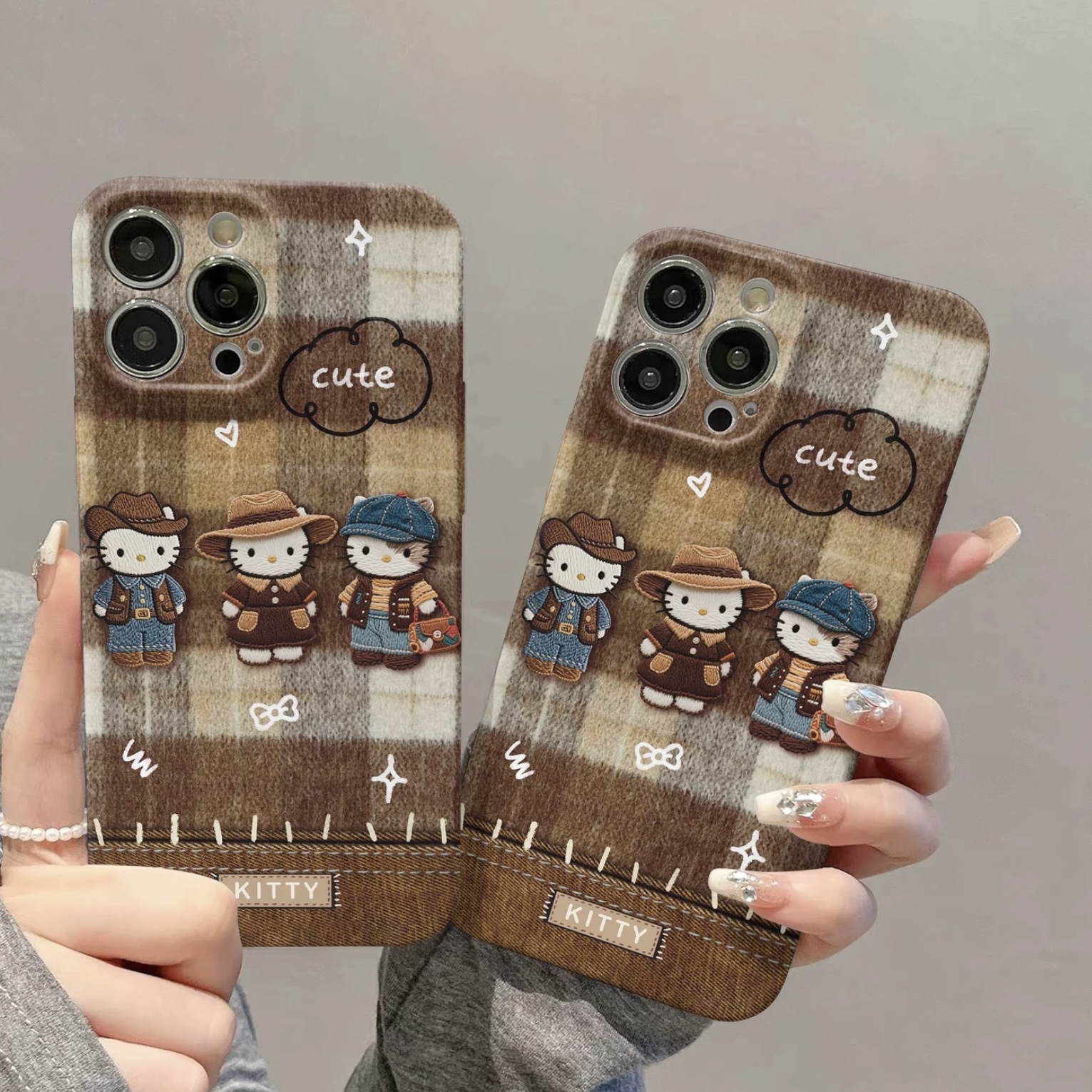 格子牛仔帽Kitty适用iphone16promax手机壳苹果17菲林15pro华为mate70pro创意vivo小米14全包oppo红米k80硬壳