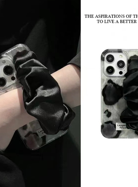 黑色豹纹羽纱适用苹果15promax手机壳iphone12/16腕带mate60红米note13防摔小米14华为pura70荣耀vivoppo小众