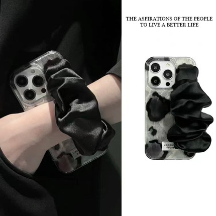 黑色豹纹羽纱适用苹果15promax手机壳iphone12/16腕带mate60红米note13防摔小米14华为pura70荣耀vivoppo小众
